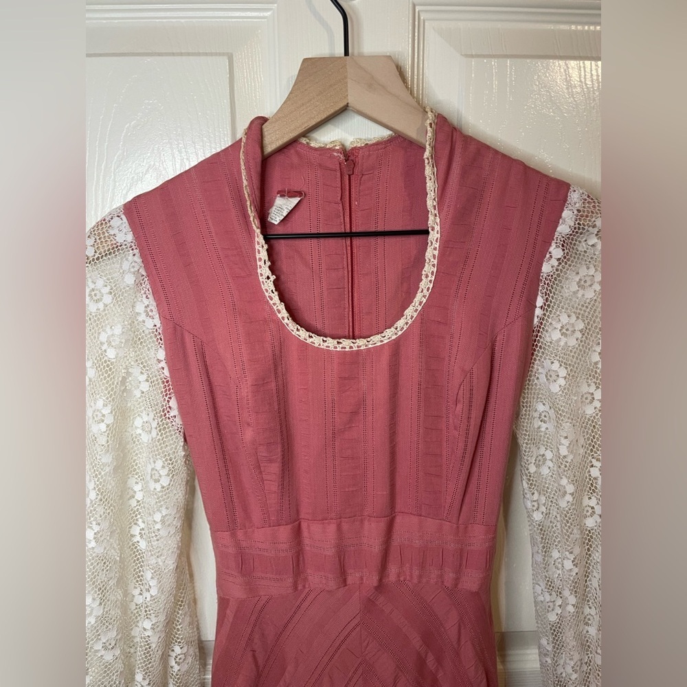 Prairie Cottagecore Vintage 1960s Pink Long Sleeve Maxi Dress Size 7 *Rare* - Picture 4 of 16
